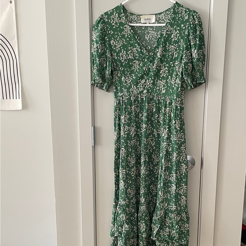 Ba&sh Green Floral Maxi Dress with V-Neck